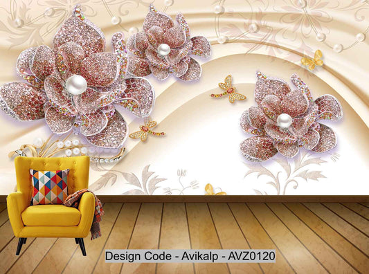 Avikalp Exclusive AVZ0120 3D Diamond Jewelry Flower Pearl Wall Background HD 3D Wallpaper