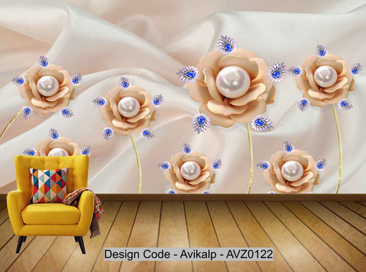 Avikalp Exclusive AVZ0122 3D Blue Diamond Jewelry Flower Pearl Wall Background HD 3D Wallpaper