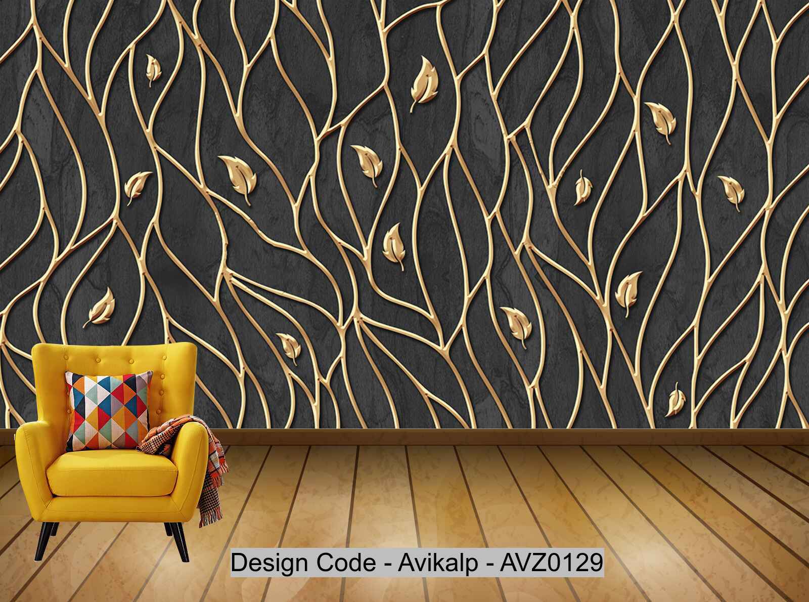 Avikalp Exclusive AVZ0129 Modern Minimalist Golden Lines Leaves Fabric Tv Background Wall HD 3D Wallpaper
