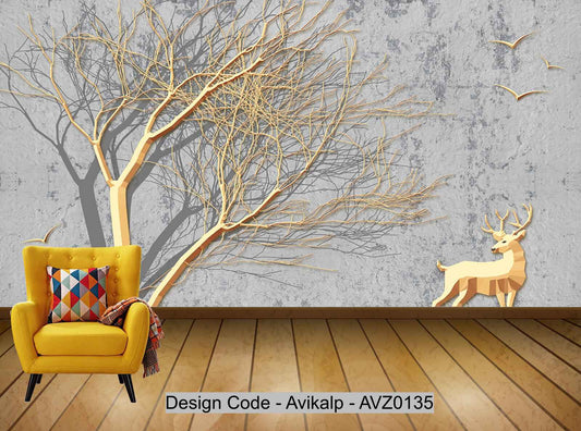 Avikalp Exclusive AVZ0135 Modern Minimalist Golden Tree Stone Tv Background Wall HD 3D Wallpaper