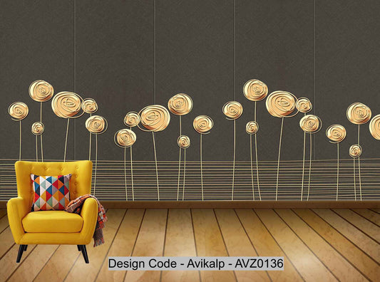 Avikalp Exclusive AVZ0136 Modern Minimalist Style Golden Lines Flowers Tv Background Wall HD 3D Wallpaper
