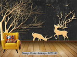 Avikalp Exclusive AVZ0142 Modern Minimalist Style Golden Tree Sika Deer Tv Background Wall HD 3D Wallpaper