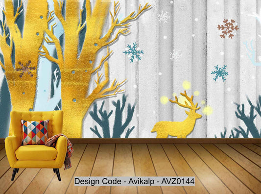 Avikalp Exclusive AVZ0144 Modern Minimalist Golden Tree Sika Deer Tv Background Wall Customization HD 3D Wallpaper