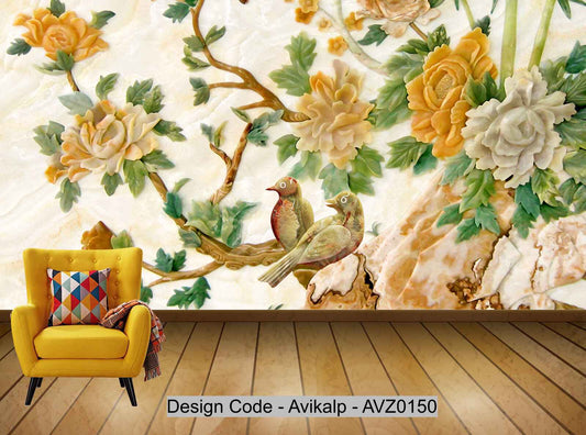 Avikalp Exclusive AVZ0150 Marble 3D Peony Flower Bird Jade Carving Wall HD 3D Wallpaper