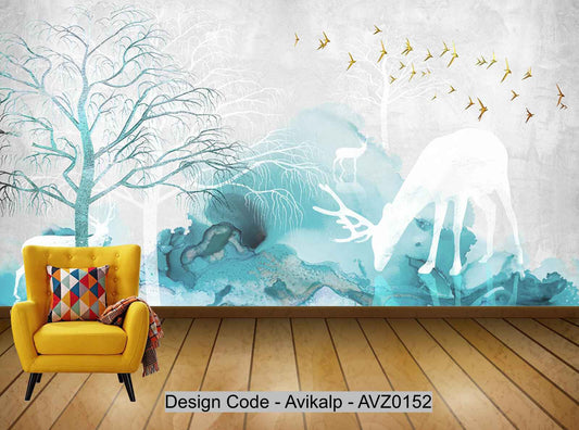 Avikalp Exclusive AVZ0152 Modern Minimalist Watercolor Jungle Elk Tv Background Wall HD 3D Wallpaper