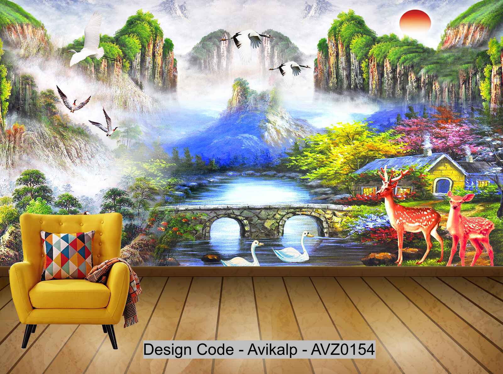 Avikalp Exclusive AVZ0154_Chinese Landscape Painting White Crane Flying Bird Deer Swan Tv Background Wall HD 3D Wallpaper