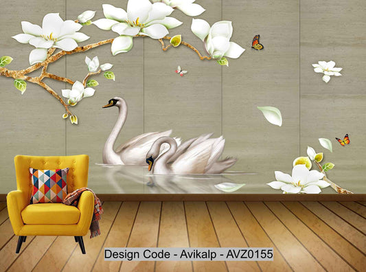 Avikalp Exclusive AVZ0155 Chinese Three Dimensional Carved Tree Flower Bird Swan Tv Background Wall HD 3D Wallpaper
