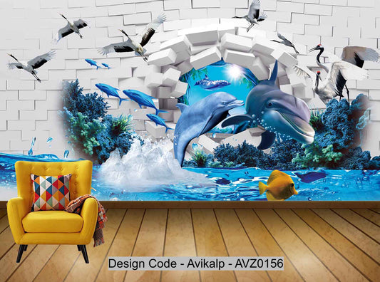 Avikalp Exclusive AVZ0156 Modern 3d Dolphin White Crane Background Wall HD 3D Wallpaper