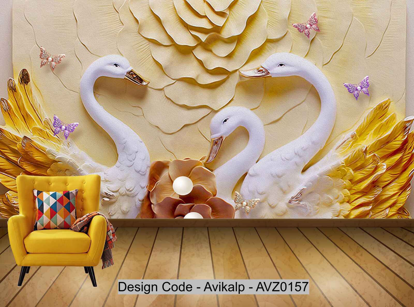 Avikalp Exclusive AVZ0157 Modern Beautiful Love Butterfly Swan Embossed Tv Background Wall HD 3D Wallpaper