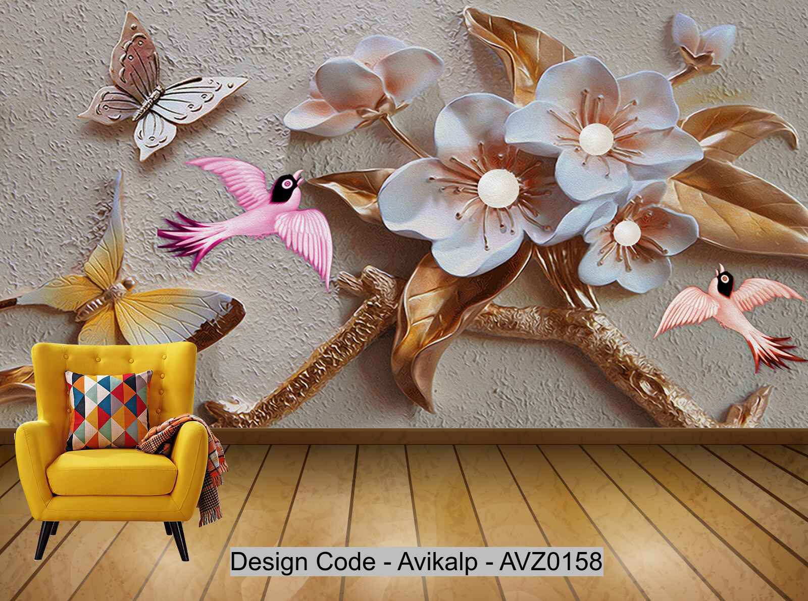 Avikalp Exclusive AVZ0158 Modern 3d Stylish Embossed Floral Butterfly Bird Tv Background Wall HD 3D Wallpaper
