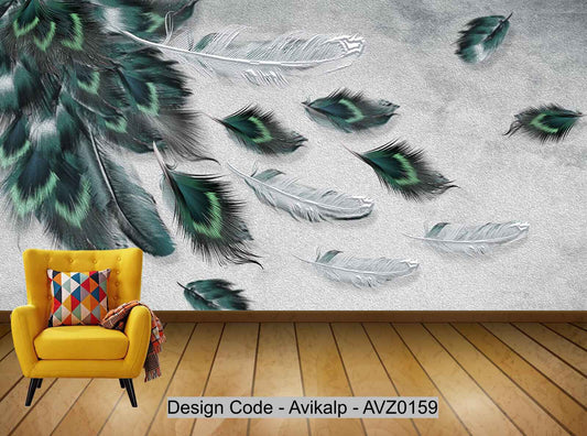 Avikalp Exclusive AVZ0159 Modern Beautiful Style Peacock Feather Green Background Wall HD 3D Wallpaper