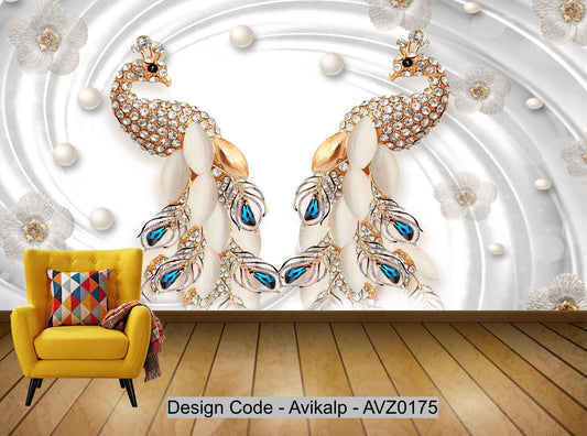 Avikalp Exclusive AVZ0175 3d Beautiful Aesthetic Pearl Flower Diamond Peacock Jewelry Background Wall HD 3D Wallpaper