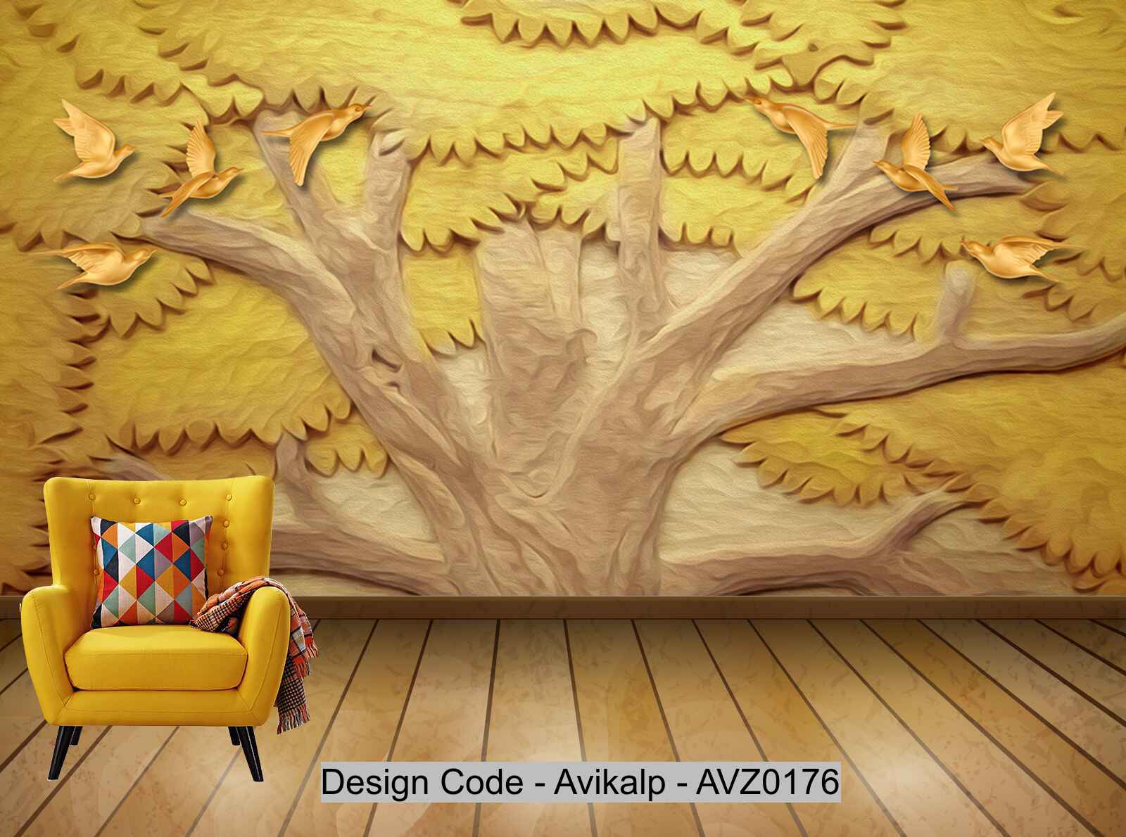 Avikalp Exclusive AVZ0176 Modern Minimalist 3d Three Dimensional Gold Tree Flying Bird Embossed Tv Background Wall HD 3D Wallpaper