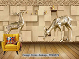 Avikalp Exclusive AVZ0179 Modern 3d Three Dimensional Wooden Board Embossed Golden Deer Tv Background Wall HD 3D Wallpaper
