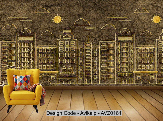 Avikalp Exclusive AVZ0181 Modern Minimalist Embossed Textured Golden City Tv Background Wall HD 3D Wallpaper