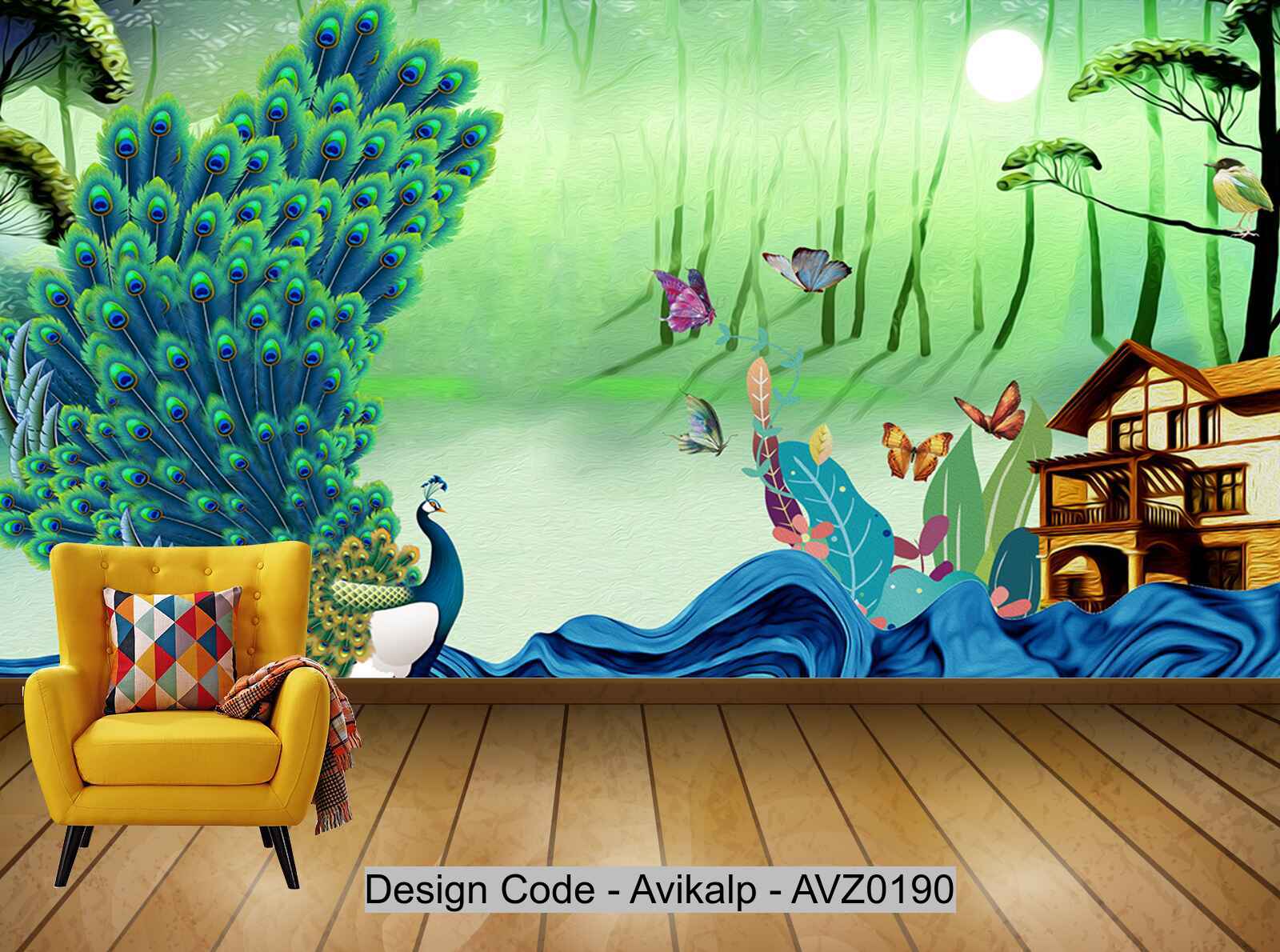 Avikalp Exclusive AVZ0190 New Chinese Peacock Butterfly Forest Moonlight Tv Background Wall HD 3D Wallpaper