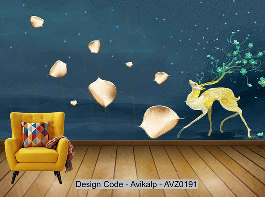 Avikalp Exclusive AVZ0191 Modern Beautiful Minimalist Golden Deciduous Elk Background Wall HD 3D Wallpaper