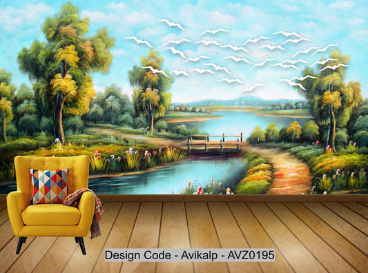 Avikalp Exclusive AVZ0195 Modern Beautiful Landscape Scenery Oil Painting Tv Background Wall HD 3D Wallpaper