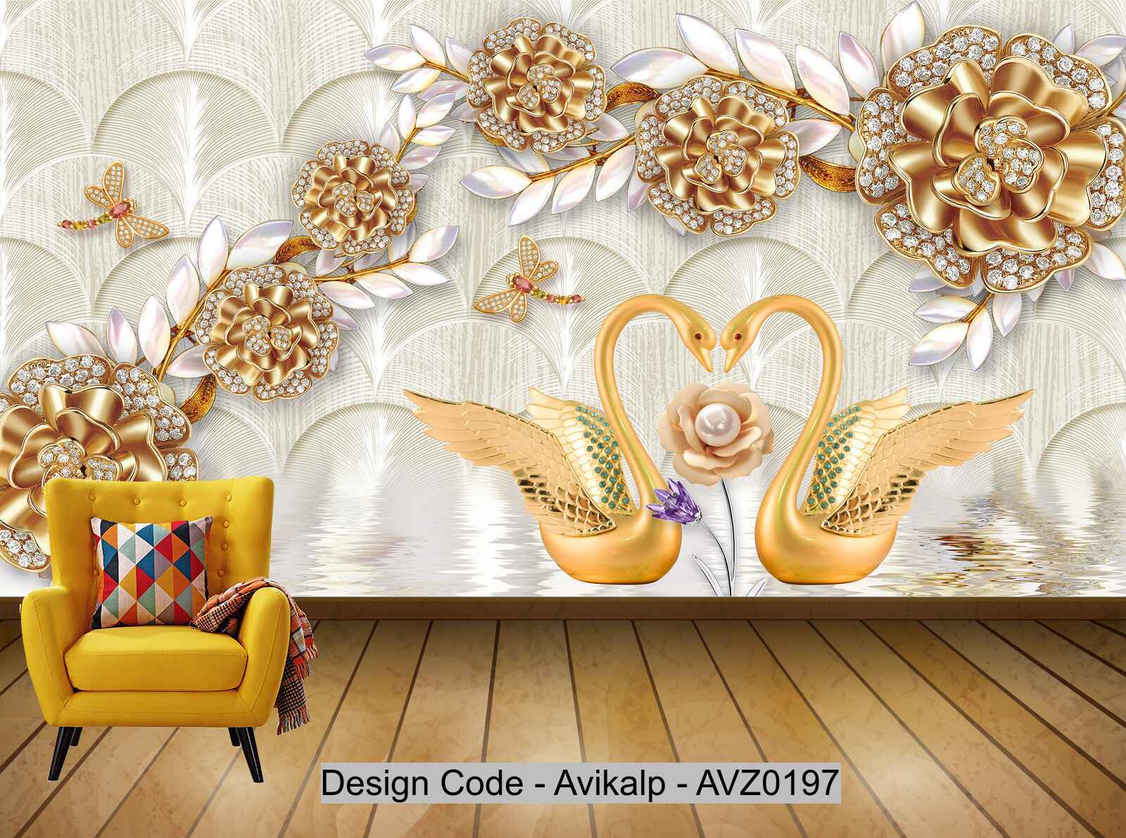 Avikalp Exclusive AVZ0197 3d Luxury Diamond Jewel Swan Tv Background Wall HD 3D Wallpaper