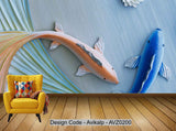 Avikalp Exclusive AVZ0200 Embossed Three Dimensional Goldfish Tv Background Wall HD 3D Wallpaper