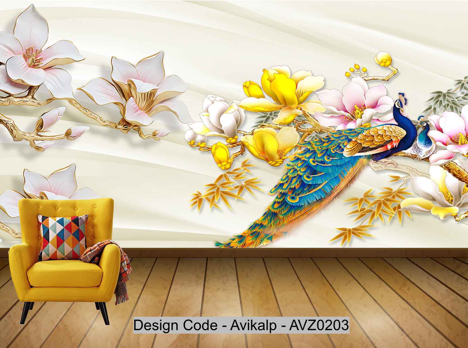 Avikalp Exclusive AVZ0203 Chinese Rich Flower Peacock Background Wall HD 3D Wallpaper