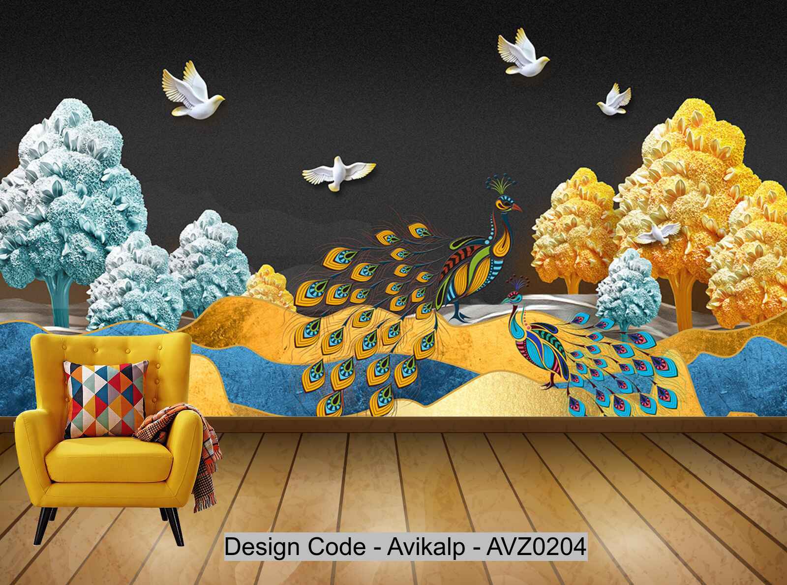 Avikalp Exclusive AVZ0204 Modern Fashion Creative Mountain Peaks Fortune Tree Peacock Bird Tv Background Wall HD 3D Wallpaper