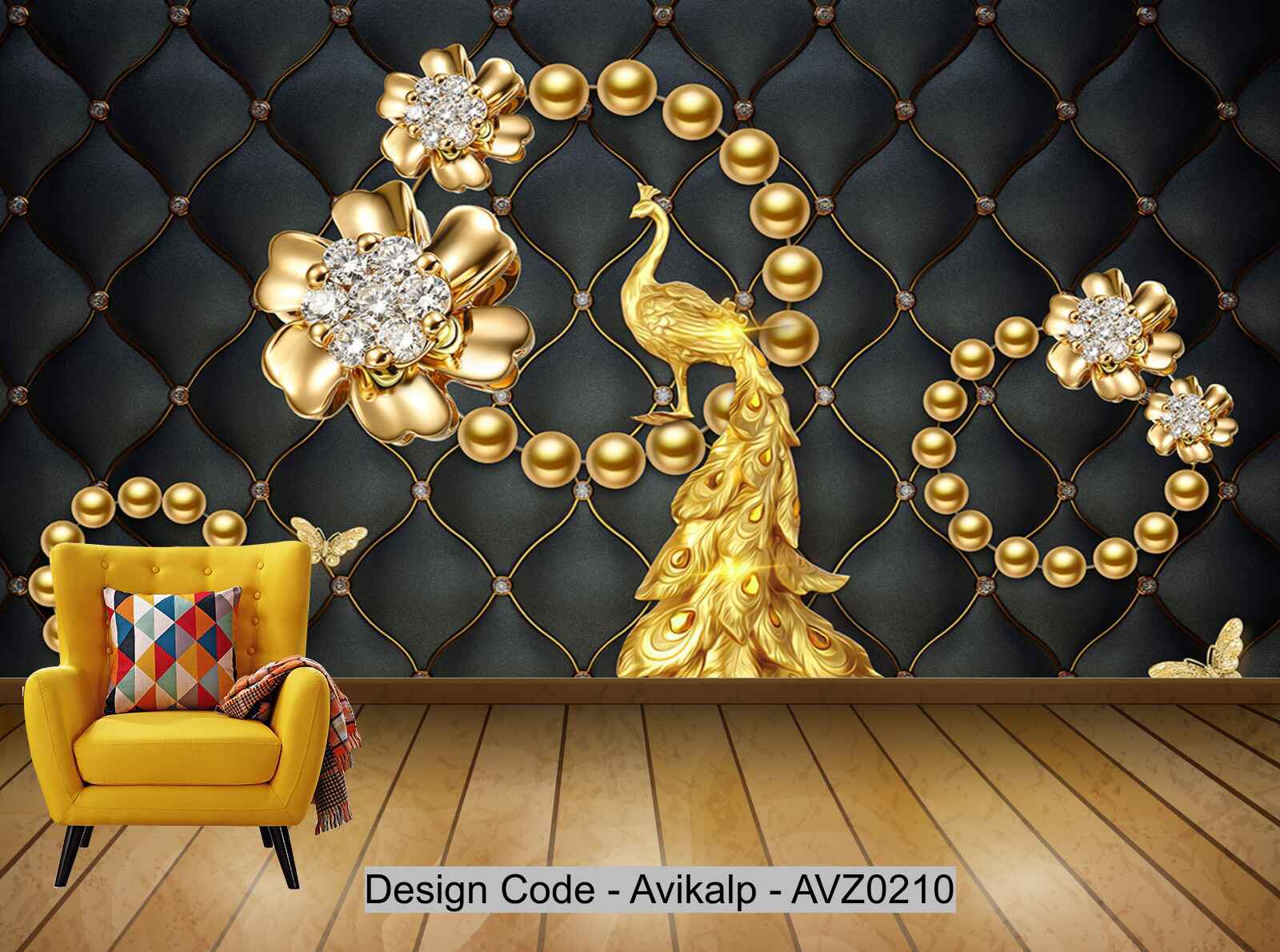 Avikalp Exclusive AVZ0210 Luxury Golden Peacock Jewelry Golden Floral Butterfly Jewelry Background Wall HD 3D Wallpaper