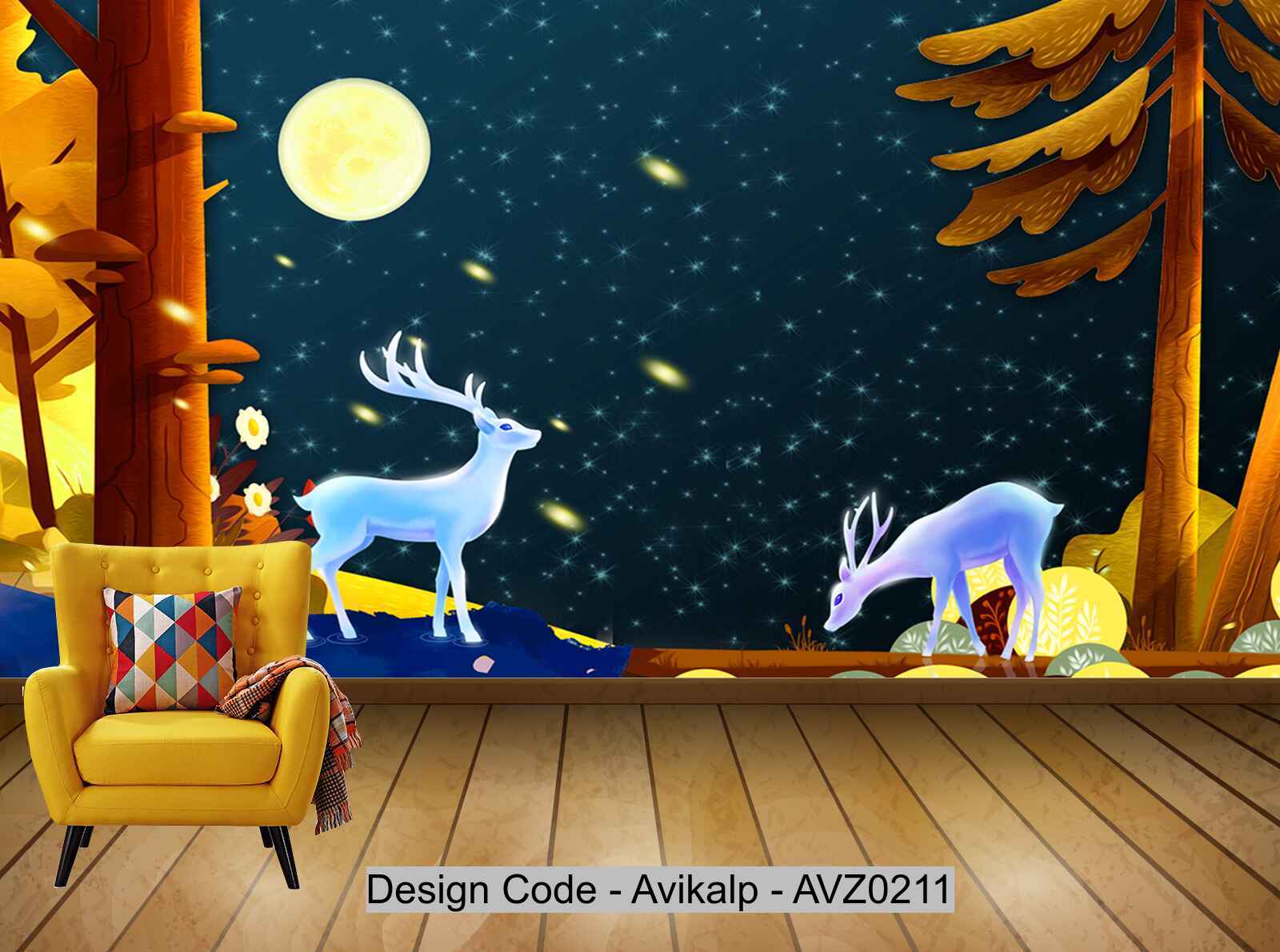Avikalp Exclusive AVZ0211 Modern Beautiful Night Moonlight Woods Elk Tv Background Wall HD 3D Wallpaper