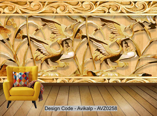 Avikalp Exclusive AVZ0258 Chinese Style 3D Wood Carving Crane Tv Background Wall HD 3D Wallpaper