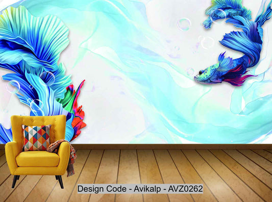 Avikalp Exclusive AVZ0262 Modern 3D Abstract Blue Guppies Background Wall HD 3D Wallpaper