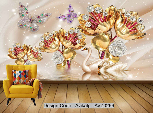 Avikalp Exclusive AVZ0266 Beautiful 3D Swan Flower Jewelry Wall HD 3D Wallpaper