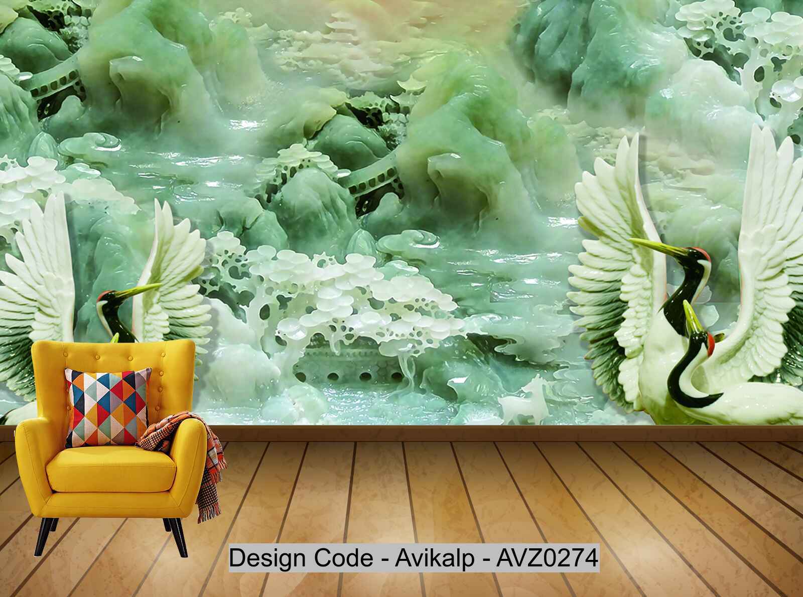 Avikalp Exclusive AVZ0274 3D Jade Stone Home And Rich Jade Mountain Water Crane Crane Wall HD 3D Wallpaper