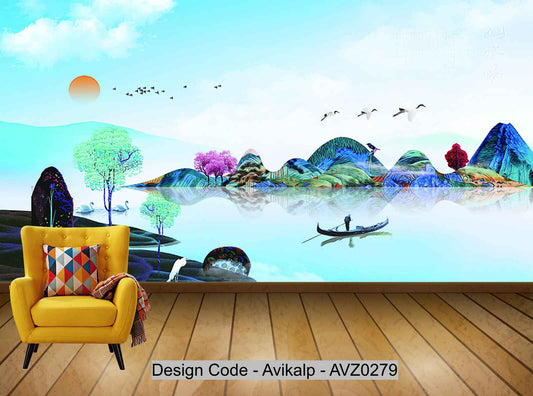 Avikalp Exclusive AVZ0279 New Chinese Style Hand Painted Landscape Tv Background Wall HD 3D Wallpaper