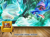 Avikalp Exclusive AVZ0289 3D Creative Blue White Siamese Fighting Fish Oil Painting Living Room Wall HD 3D Wallpaper