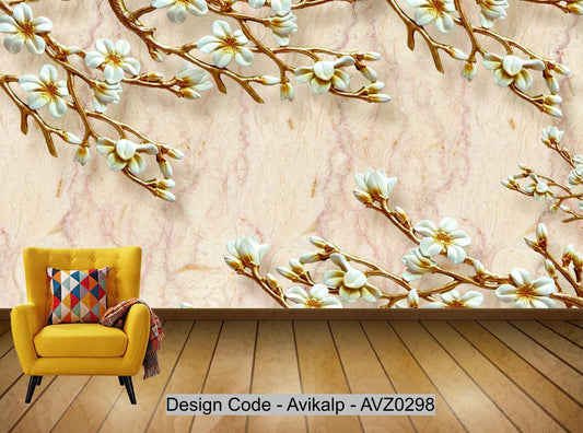 Avikalp Exclusive AVZ0298 Chinese Style 3D Magnolia Flower Marble Tv Background Wall HD 3D Wallpaper
