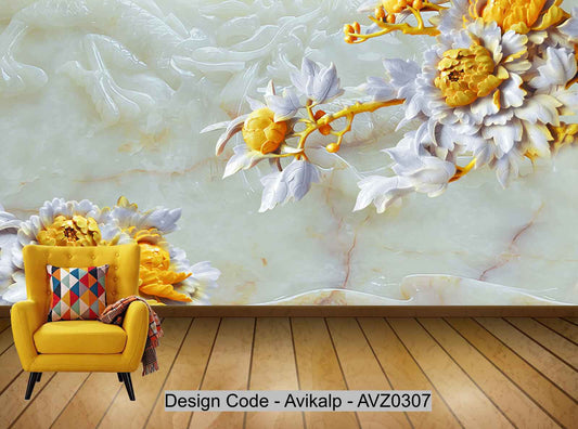 Avikalp Exclusive AVZ0307 3D Wood Carving Peony Marble Wall Background HD 3D Wallpaper