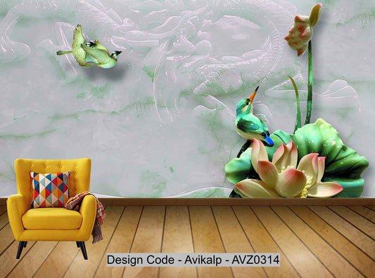 Avikalp Exclusive AVZ0314 3D Flower Bird Jade Carving Background Wall HD 3D Wallpaper