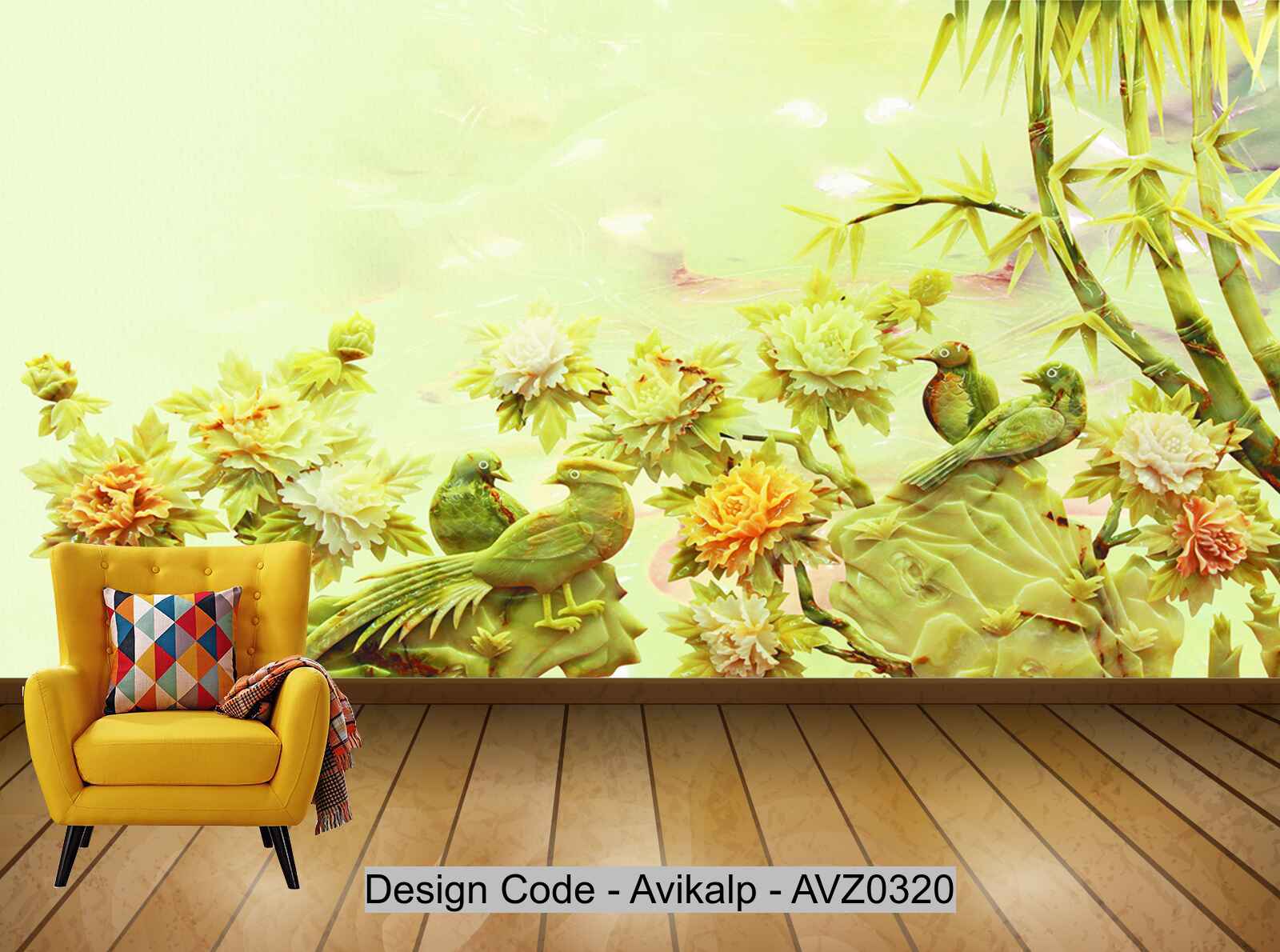 Avikalp Exclusive AVZ0320 3D Fine Jade Carving Bamboo Flower Bird Background Wall HD 3D Wallpaper