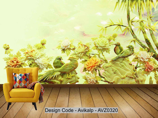 Avikalp Exclusive AVZ0320 3D Fine Jade Carving Bamboo Flower Bird Background Wall HD 3D Wallpaper
