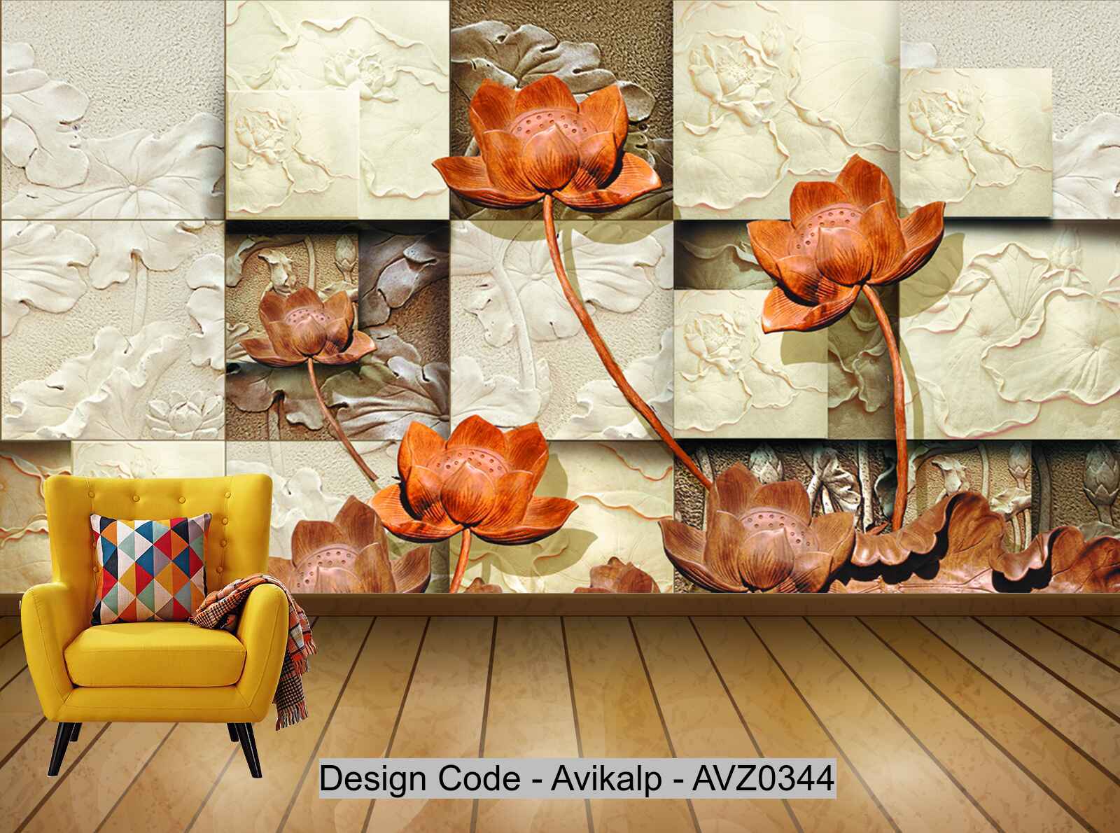 Avikalp Exclusive AVZ0344 Boutique 3D Wood Lotus Relief Wall HD 3D Wallpaper