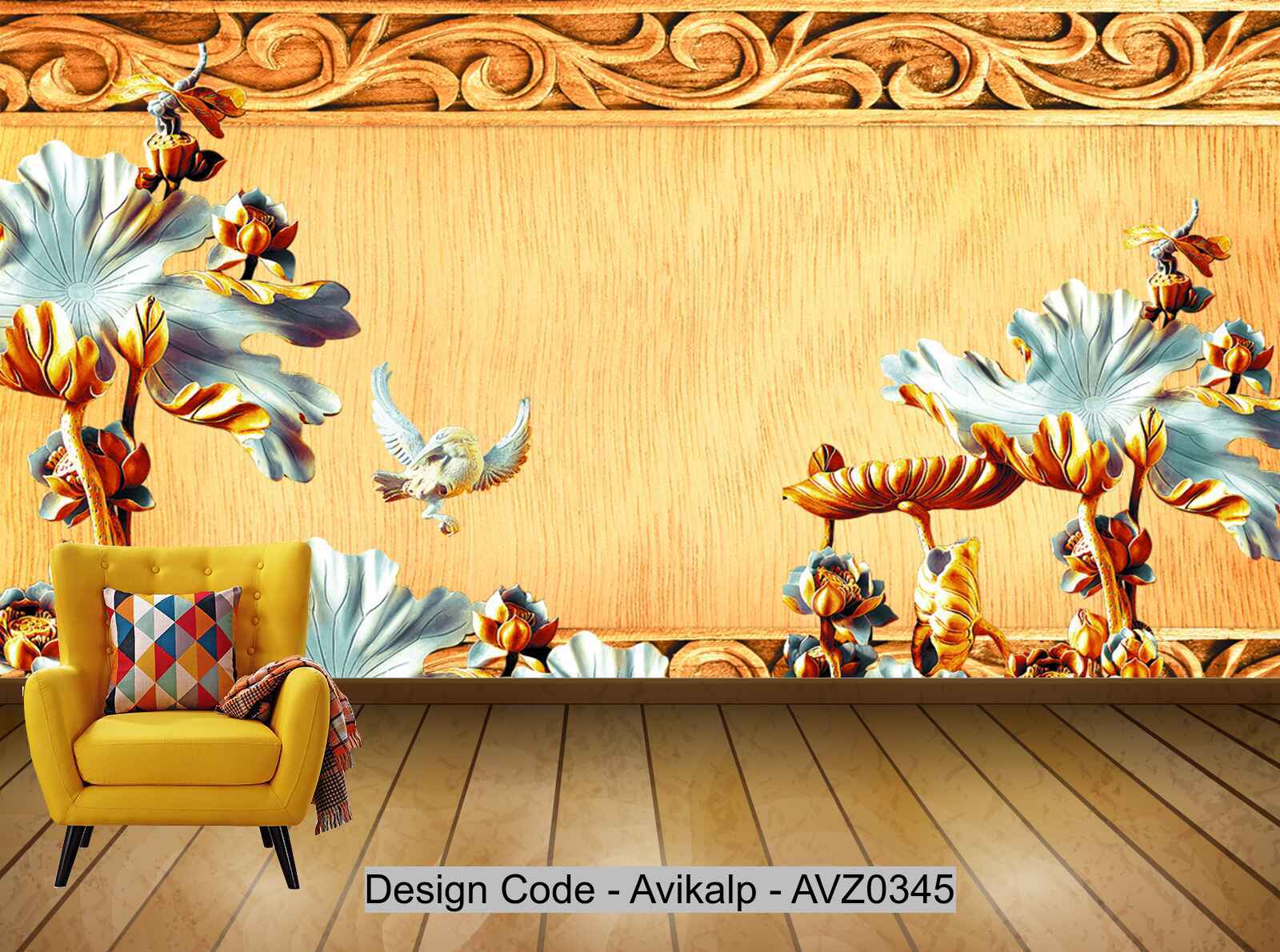 Avikalp Exclusive AVZ0345 3D Gilded Woodcarving Bird Play Lotus Leaf Background Wall HD 3D Wallpaper