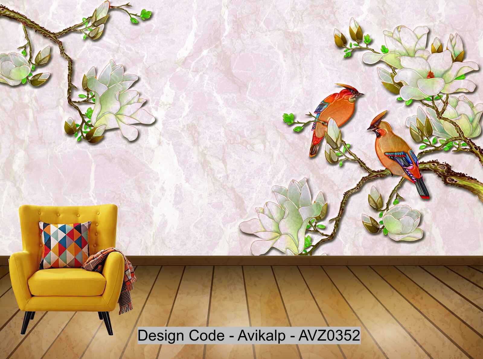 Avikalp Exclusive AVZ0352 Stylish Minimalist Magnolia Flower And Bird Stone Marble Tv Background HD 3D Wallpaper