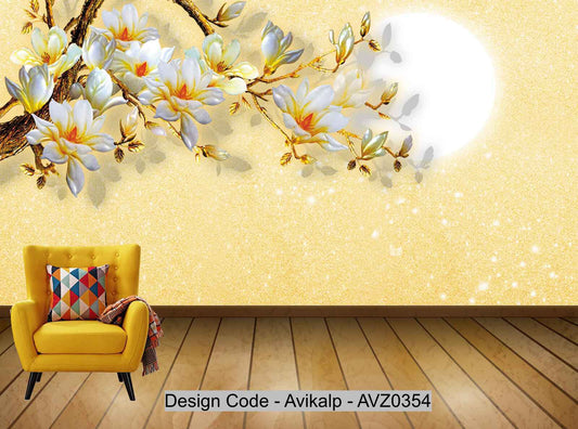 Avikalp Exclusive AVZ0354 Chinese Style Full Moon Flower Open Rich Gold Background Wall HD 3D Wallpaper