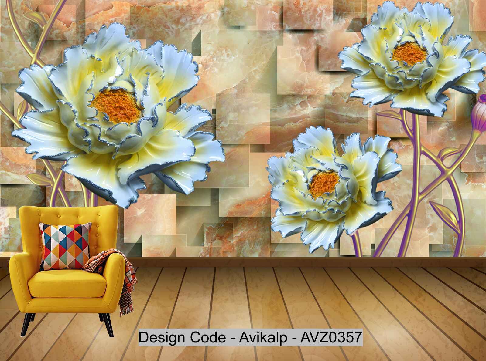 Avikalp Exclusive AVZ0357 Jade Carving Daisy 3D Relief Embossed Background Wall HD 3D Wallpaper