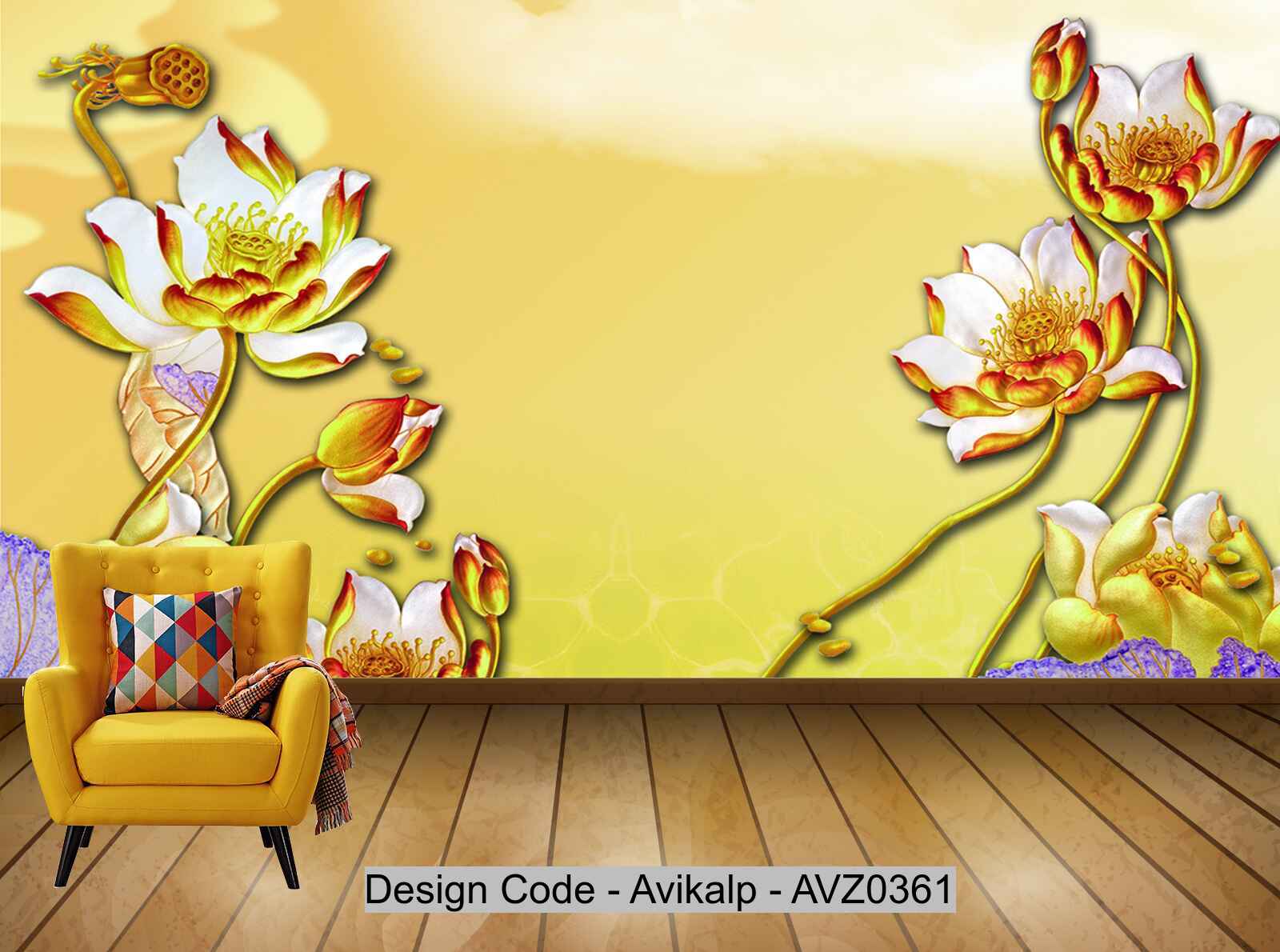 Avikalp Exclusive AVZ0361 Golden Three Dimensional Lotus Pond Chinese Style Wall HD 3D Wallpaper