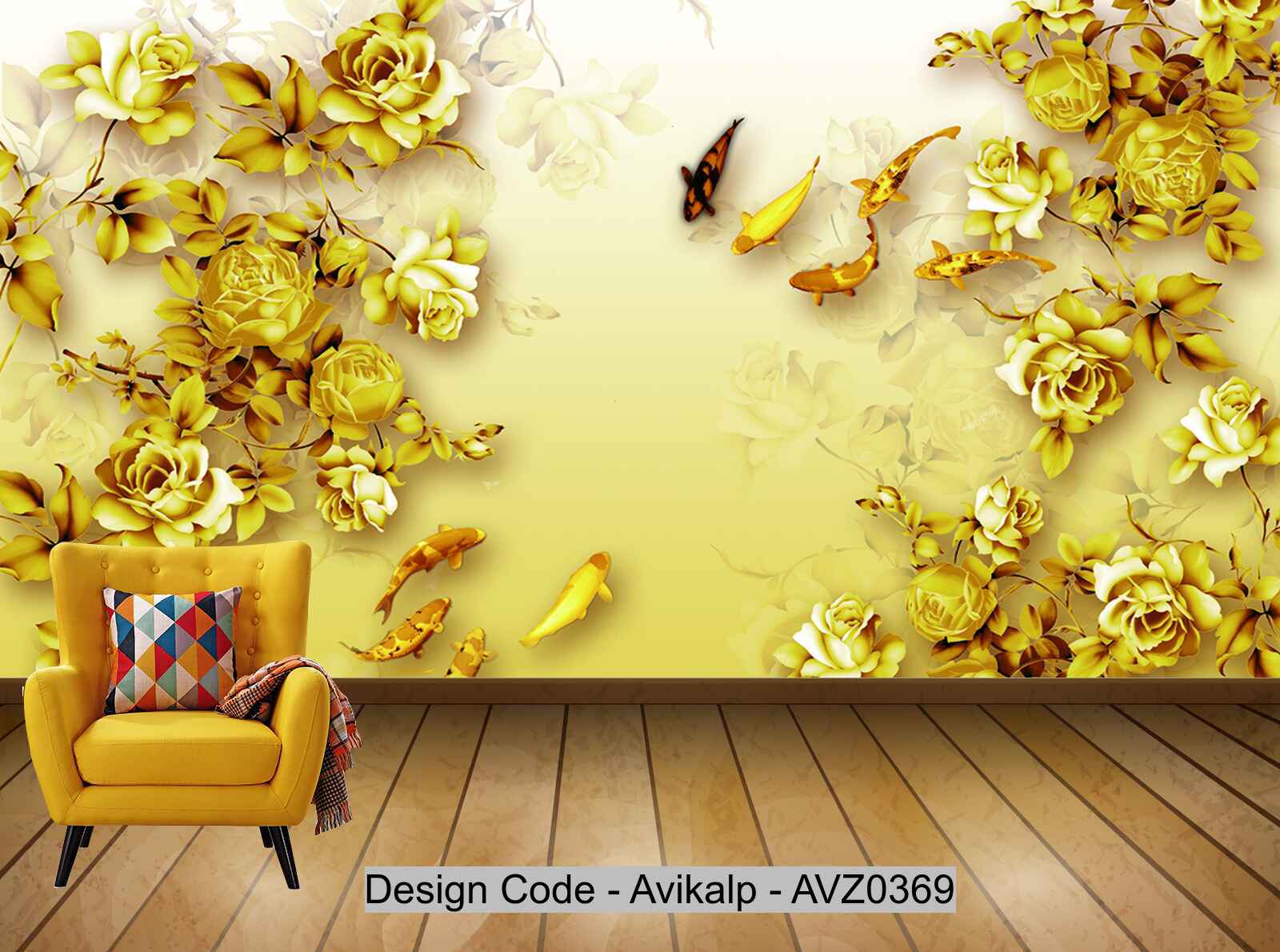 Avikalp Exclusive AVZ0369 Chinese Peony Fish Landscape Background Wall HD 3D Wallpaper