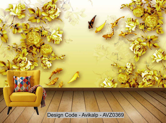 Avikalp Exclusive AVZ0369 Chinese Peony Fish Landscape Background Wall HD 3D Wallpaper