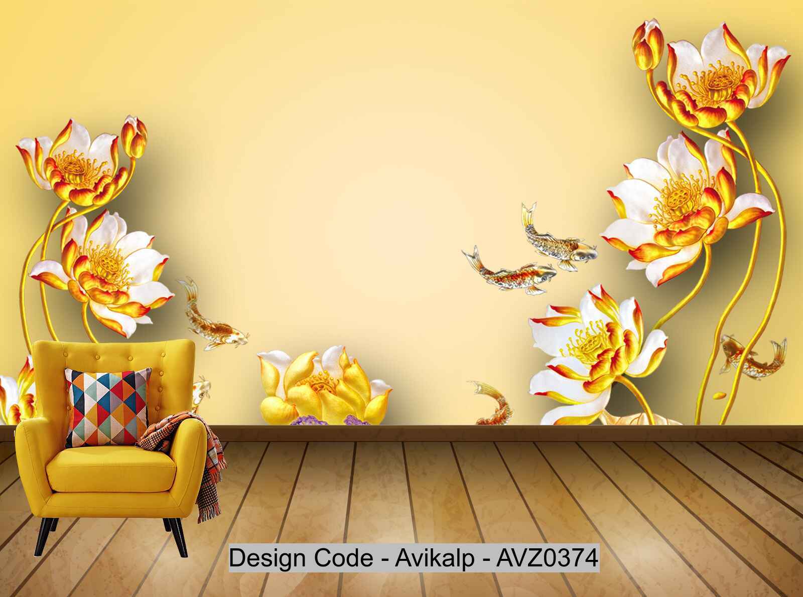 Avikalp Exclusive AVZ0374 Golden Three Dimensional Lotus Flower Pool Chinese Modern Background Wall HD 3D Wallpaper