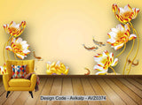 Avikalp Exclusive AVZ0374 Golden Three Dimensional Lotus Flower Pool Chinese Modern Background Wall HD 3D Wallpaper