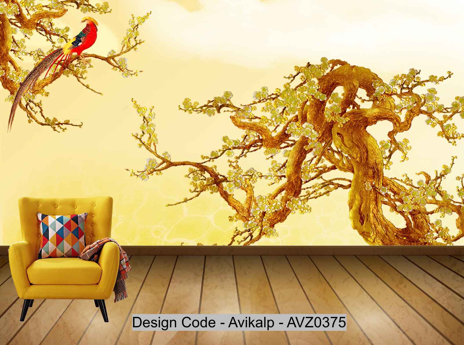 Avikalp Exclusive AVZ0375 Bird Chinese Style Background Wall On Golden Plum Blossom Branch HD 3D Wallpaper